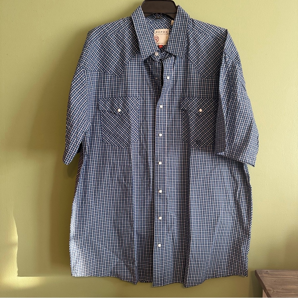 Roper Size XL Pearl Snap Short Sleeve Plaid Shirt with Pockets Blue Gray White